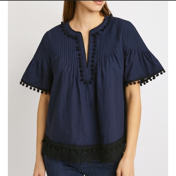 10 Crosby Derek Lam Tops - DEREK LAM 10 CROSBY- Pintucked Poplin Eyelet Top in Navy